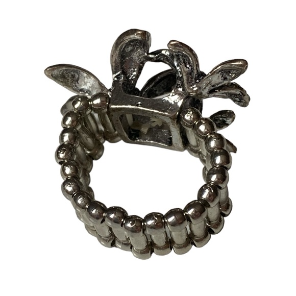 Turquoise Blue Silver Plated Clear Rhinestone  Flower Stretch Band Fashion Ring - Picture 7 of 8